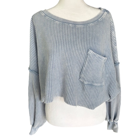 Altar'd State Tops - Altar'd State Blue Acid Wash Waffle Knit Cropped Thermal Top ST1317C Womens S